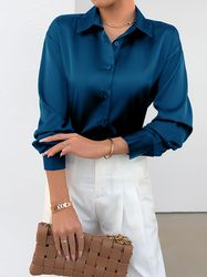 Solid Button Front Simple Shirt - Elegant Long Sleeve Shirt For Spring & Fall - Women's Clothing