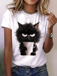 Cat Print T-shirt - Casual Short Sleeve Crew Neck Top For Spring & Summer - Women's Clothing