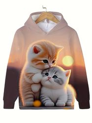 Sunset Kitten Graphic Hooded Sweatshirt Long Sleeve Pullover Casual Tops Girls Sports