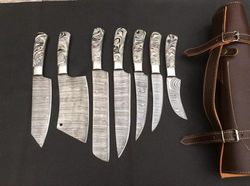 Custom handmade Damascus steel chef/kitchen knives 7 piece set with Leather roll
