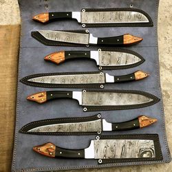 7 pieces Hand Forged Kitchen Knives SET Damascus steel Chef knife Set With Leather Roll Kit