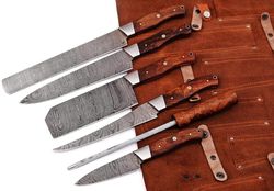 Custom Made Damascus Steel 6Piece of Professional Utility Kitchen knives Set Comes with Leather Roll Kit
