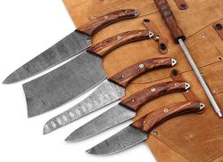 Custom Handmade Damascus Steel Blade Professional Kitchen Knifes Set Comes With Leather Roll kit