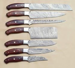 7 piece Custom Handmade Damascus Steel Wood Handle Chef Set With leather Roll kit