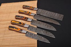 Custom made/Damascus chef knife set/ Wood & Steel On Handle with leather sheath.