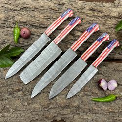 Handmade Damascus Steel Full Tang Kitchen Chef Set With USA Flag Handle