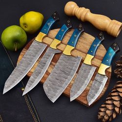 5 pieces handmade damascus kitchen knife chef's knife set and leather roll