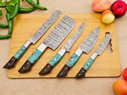 handmade damascus steel chef set professional knives set bread knife santoku knives paring knife