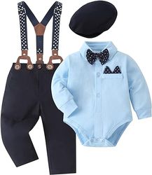 baby boy clothes set infant tuxedo long sleeve gentleman suit outfits beret hat  suspender pants bowtie 0-18m