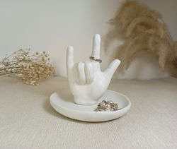 I Love You Ring Holder - Rock on Finger - Finger Ring Stand - Wedding Ring Holder Dish - Hand Shaped Ring Holder
