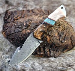 beautiful 8.25-inch gut hook skinning hunting knife with raindrops damascus steel blade, rosewood and epoxy resin handle