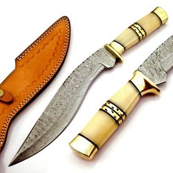 Custom Handmade Damascus Steel Bone Handle Hunting Kukri Knife with Leather Sheath