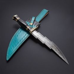 Custom Handmade 216 Layers Damascus Steel Fancy Zigzag Hunting Knife with Leather Sheath