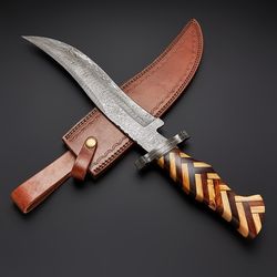 Custom Handmade 216 Layers Damascus Steel Hunting Knife with Leather Sheath