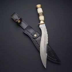 Custom Handmade Damascus Steel Kukri Hunting Knife with Leather Sheath