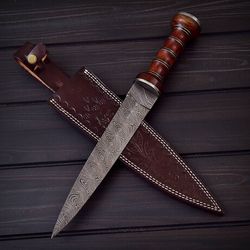 Custom Handmade Damascus Steel Hunting Dagger Knife with Leather Sheath
