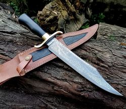 Custom Handmade Damascus Steel Hunting Musso Bowie Knife Full Tang With Leather Sheath