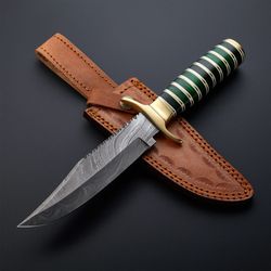 beautiful custom handmade damascus steel hunting bowie knife with leather sheath