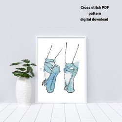 Blue pointe shoes cross stitch PDF pattern, Watercolor embroidery design, Instant download, DIY and craft