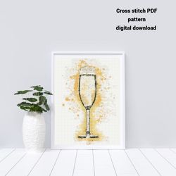 A glass of champagne cross stitch PDF pattern, Watercolor embroidery design, Instant download, DIY and craft