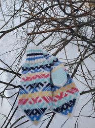 Womens wool mittens handmade are very warm with a pattern, hand warmers multicolor