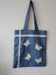 Strong reusable blue tote bag, eco friendly, canvas soft bag with butterflies