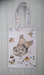 Strong reusable tote bag, eco friendly, cotton canvas soft bag with an owl.
