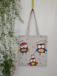 Strong reusable tote bag, eco friendly, cotton canvas soft bag with an owl.