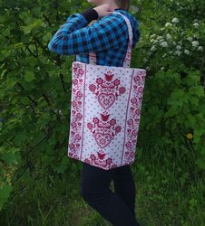 Strong reusable white tote bag, eco friendly, cotton canvas bag, bag with hearts, Valentine's day gift bag