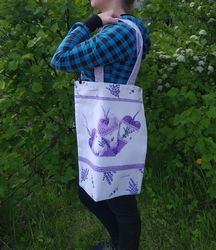 Strong reusable white tote bag, eco friendly, cotton canvas bag, bag with lavender hearts, Valentine's day bag