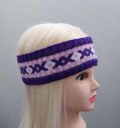 Women's knitted headband violet with jacquard pattern