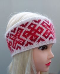 Women's knitted headband red with jacquard pattern
