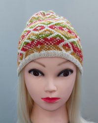 Women's Knitted wool cap with handmade jacquard pattern