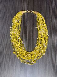 Yellow small delicate airy layered necklace made of beads with citrine, crocheted, a decoration for every day