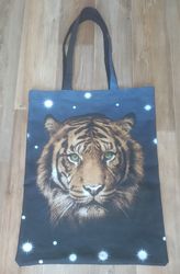 Strong reusable black tote bag, eco friendly, cotton canvas soft bag with tiger, eco friendly