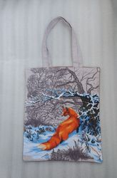 Strong reusable brown tote bag, eco friendly, cotton canvas soft bag with a fox