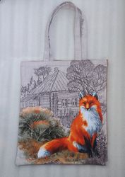 Reusable brown tote bag made of eco-friendly cotton canvas, featuring a fox design.