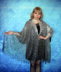 Hand knit warm gray women's scarf, Russian shawl, Orenburg wool wrap, Goat down stole, Pashmina, Cover up, Kerchief,Cape