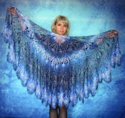 Bright crochet warm Russian shawl, Blue Orenburg wool wrap, Goat down stole, Shoulder cape, Cover up, Kerchief, Scarf