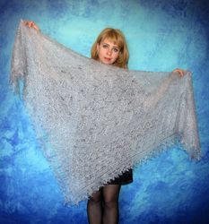 Hand knit gray embroidered Russian Orenburg shawl, Warm wrap, Goat down kerchief, Handmade stole, Wool cape, Cover up