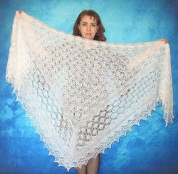 Large white Russian shawl, Hand knit Orenburg wool wrap, Warm cape, Lace kerchief, Wedding stole, Bridal cover up ,Scarf