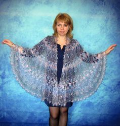 Blue-pink crochet shoulder wrap, Handmade Russian Orenburg shawl, Warm women's scarf, Goat down stole,Wool cape,Cover up