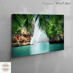 tropical sea view wall decor, sea landscape canvas art, tropical wall art, landscape canvas art, wall hanging, green wal