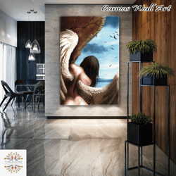 Turning Back Angel with Wings Looking at the Sea Roll Up Canvas, Stretched Canvas Art, Framed Wall Art Painting.jpg