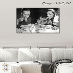 vintage couple eating pasta black white old retro photography restaurant kitchen diner wall art decor canvas frame print