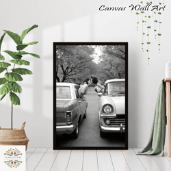 vintage girls kissing lesbian couple gift poster classic cars black and white retro photography canvas framed printed tr