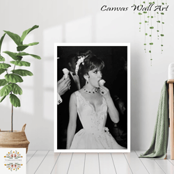 vintage italian actress eating ice cream black & white old retro photography trendy kitchen diner wall art decor canvas