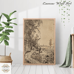vintage landscape sketch antique drawing canvas print poster frame rustic farmhouse woodland moody cottagecore wall art