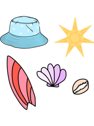 beach vibes, surfboard, seashell, sun, bucket hat design