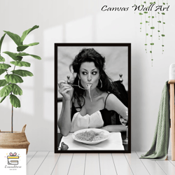 italian woman eating pasta black and white vintage old retro photography kitchen diner wall art decor canvas frame print